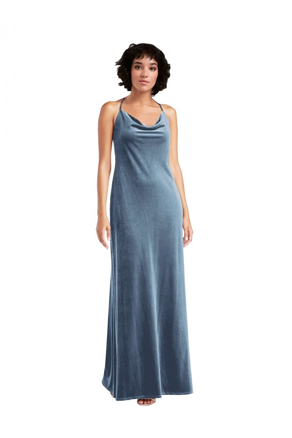 Azul Empoeirado Decote Capuz Sem Mangas Costas em V Bainha Longo Vestidos de Madrinha / Vestidos de Festa Online
