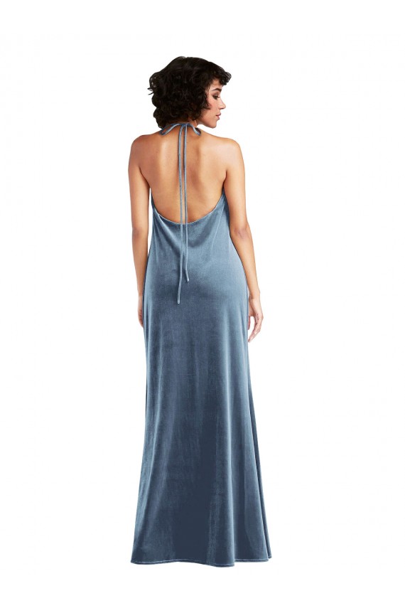 Azul Empoeirado Decote Capuz Sem Mangas Costas em V Bainha Longo Vestidos de Madrinha / Vestidos de Festa Online