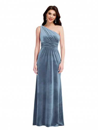 Azul Empoeirado Fora do Ombro Sem Mangas Linha A Vestidos de Madrinha / Vestidos de Festa Online