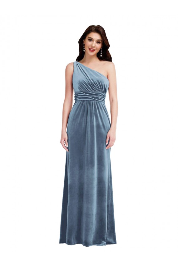 Azul Empoeirado Fora do Ombro Sem Mangas Linha A Vestidos de Madrinha / Vestidos de Festa Online