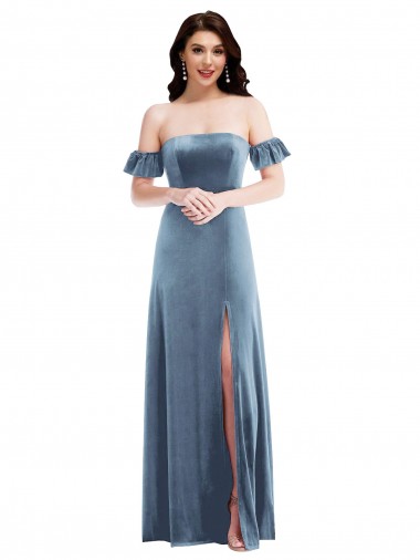 Azul Empoeirado Fora do Ombro Mangas Folhos Lombar Linha A Vestidos de Madrinha / Vestidos de Festa Online