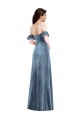 Azul Empoeirado Fora do Ombro Mangas Folhos Lombar Linha A Vestidos de Madrinha / Vestidos de Festa Online