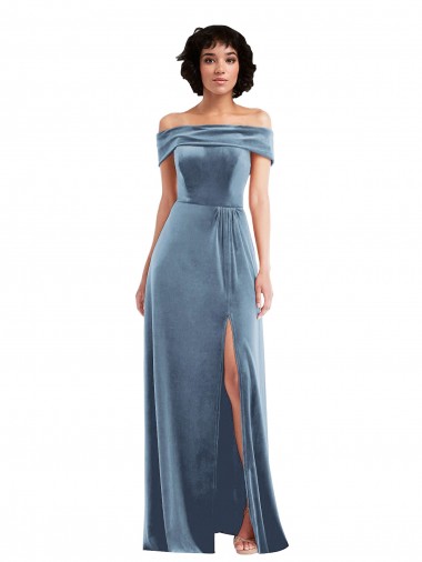 Azul Empoeirado Fora do Ombro Sem Mangas Linha A Longo Vestidos de Madrinha / Vestidos de Festa Online