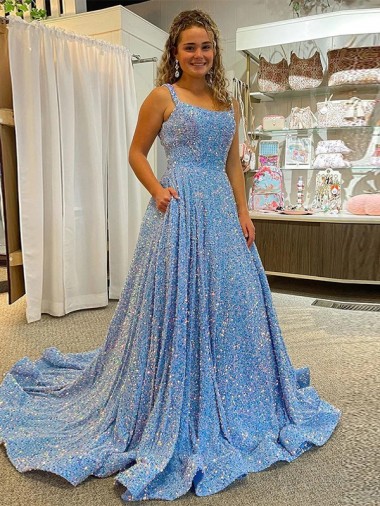 Azul Colher Sem Mangas Linha A Vestidos de Festa Online