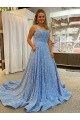 Azul Colher Sem Mangas Linha A Vestidos de Festa Online