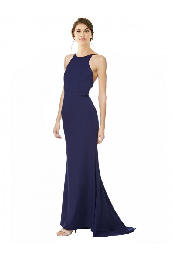 Azul Marinho Decote Alto Sem Mangas Criss Cruz Sereia Vestidos de Madrinha / Vestidos de Noite / Vestidos de Festa Online