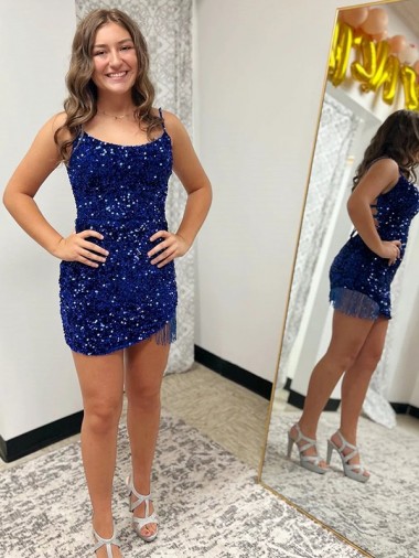Azul Real Alças finas Sem Mangas Bainha Vestidos de Festa Online
