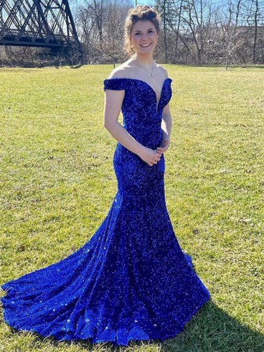 Azul Real Fora do Ombro Sem Mangas Bainha Vestidos de Festa Online
