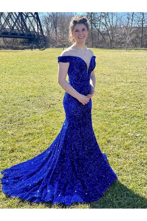 Azul Real Fora do Ombro Sem Mangas Bainha Vestidos de Festa Online
