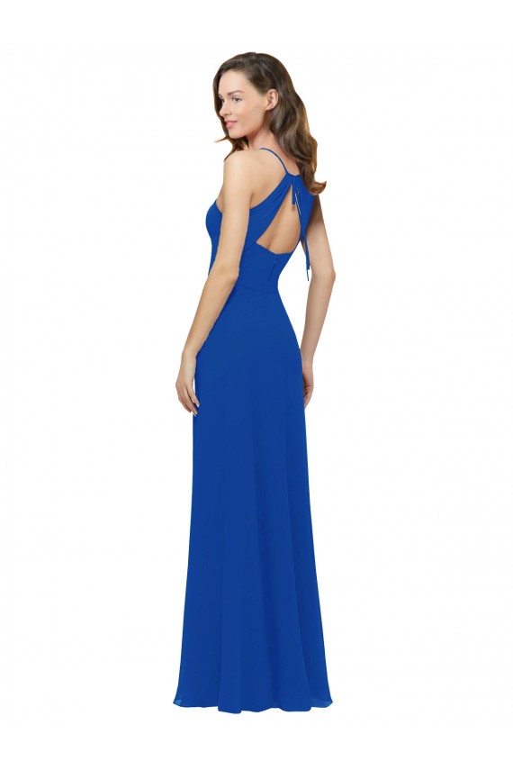 Azul Real Decote V Sem Mangas Buraco da fechadura Linha A Vestidos de Madrinha Online