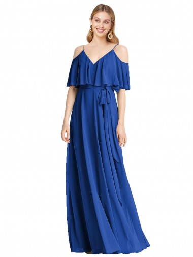 Azul Real Decote V Ombro Frio Linha A Vestidos de Madrinha Online