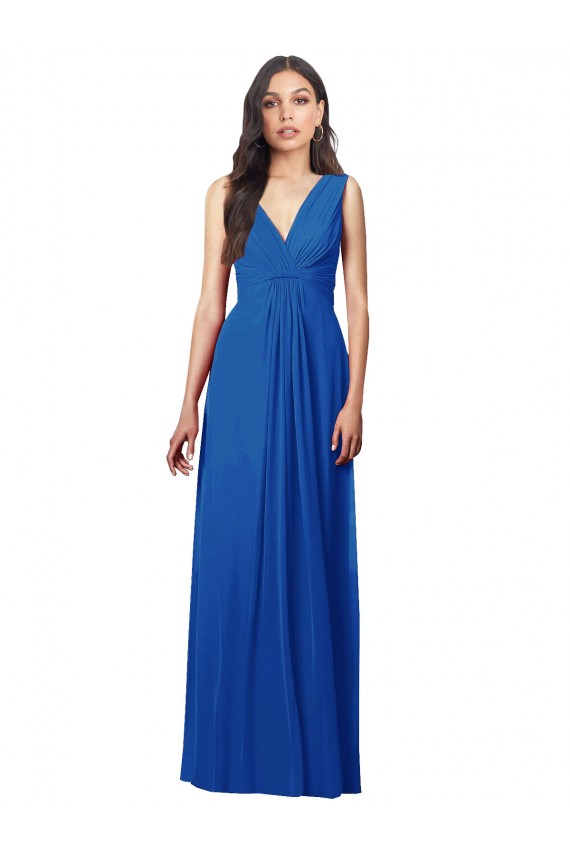 Azul Real Decote V Sem Mangas Costas em V Linha A Chiffon Vestidos de Madrinha Online