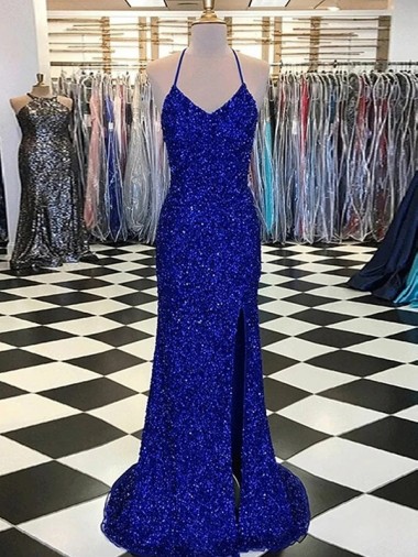 Azul Real Decote V Sem Mangas Bainha Vestido de Noiva / Vestido de Festa Online