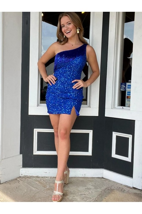 Azul Real Um Ombro Sem Mangas Bainha Curto Vestidos de Festa Online