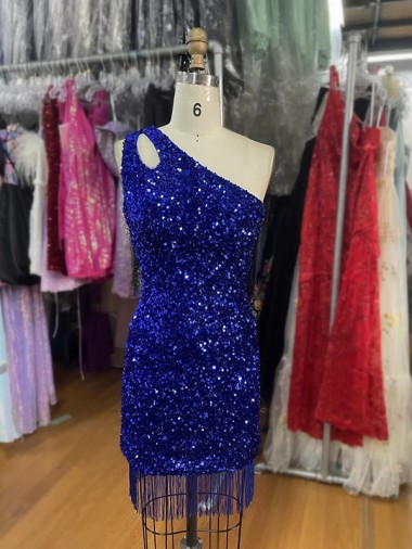 Azul Real Um Ombro Sem Mangas Bainha Vestidos de Festa Online