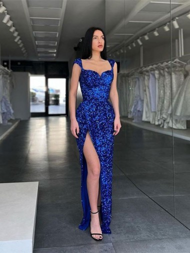 Azul Real Alças finas Sem Mangas Bainha Vestido de Festa Online