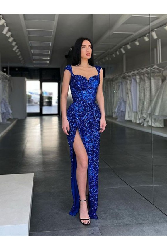 Azul Real Alças finas Sem Mangas Bainha Vestido de Festa Online