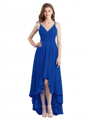 Azul Real Alças finas Sem Mangas Abrir de volta Linha A Alto Baixo, Vestidos de Madrinha Online
