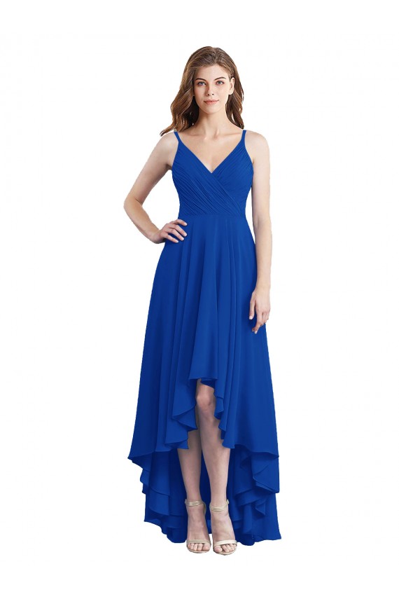 Azul Real Alças finas Sem Mangas Abrir de volta Linha A Alto Baixo, Vestidos de Madrinha Online