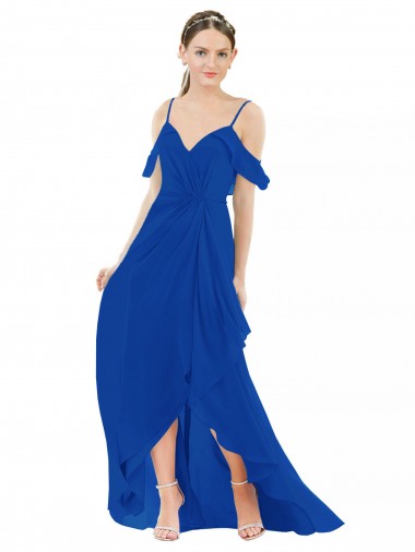 Azul Real Decote V Ombro Frio Linha A Alto Baixo, Vestidos de Madrinha Online