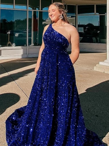 Azul Real Um Ombro Sem Mangas Linha A Vestidos de Festa Online