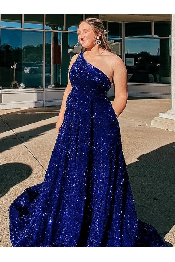 Azul Real Um Ombro Sem Mangas Linha A Vestidos de Festa Online