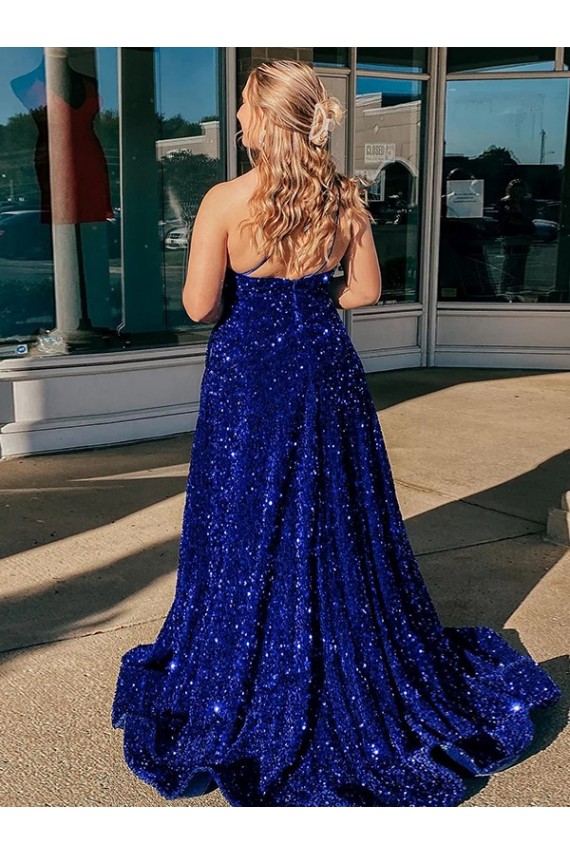 Azul Real Um Ombro Sem Mangas Linha A Vestidos de Festa Online