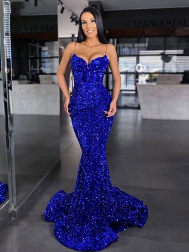Azul Real Alças finas Sem Mangas Sereia Vestidos de Festa Online