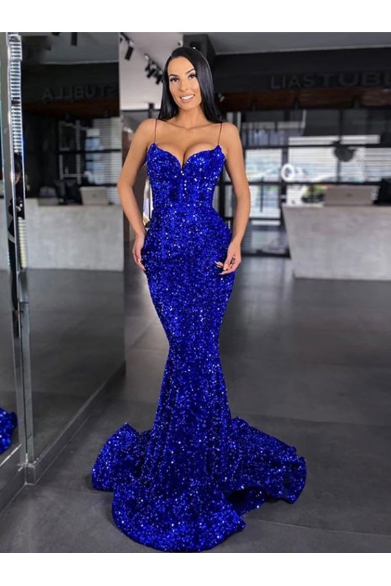 Azul Real Alças finas Sem Mangas Sereia Vestidos de Festa Online