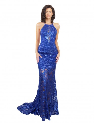 Azul Real Decote Alto Sem Mangas Abrir de volta Sereia Vestidos de Madrinha / Vestidos de Festa Online