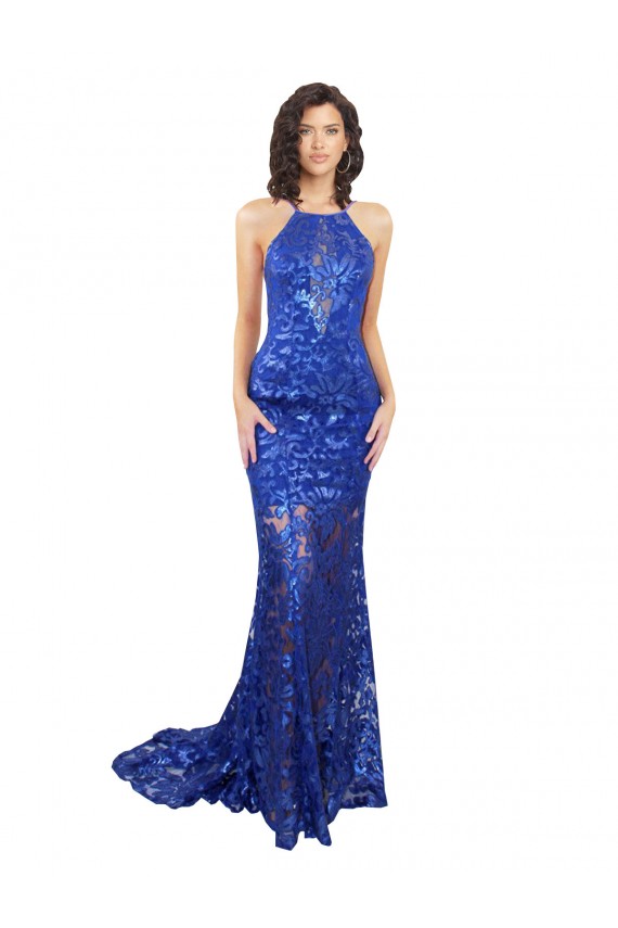 Azul Real Decote Alto Sem Mangas Abrir de volta Sereia Vestidos de Madrinha / Vestidos de Festa Online