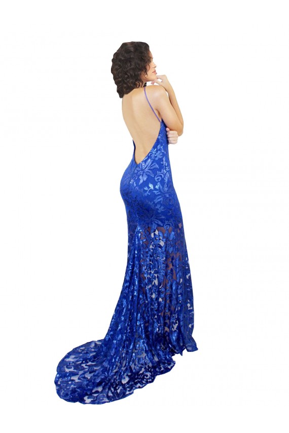 Azul Real Decote Alto Sem Mangas Abrir de volta Sereia Vestidos de Madrinha / Vestidos de Festa Online