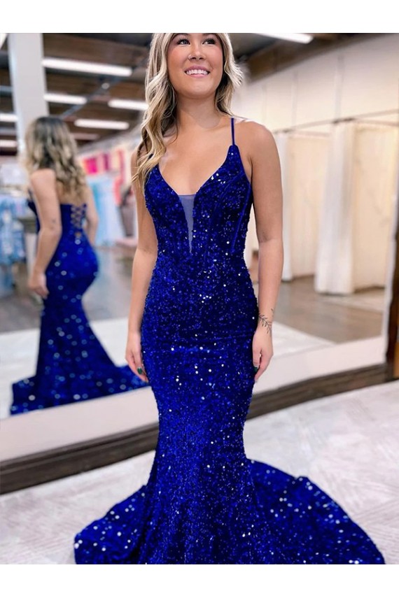 Azul Real Decote V Sem Mangas Sereia Vestidos de Festa Online