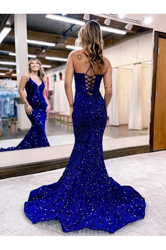 Azul Real Decote V Sem Mangas Sereia Vestidos de Festa Online