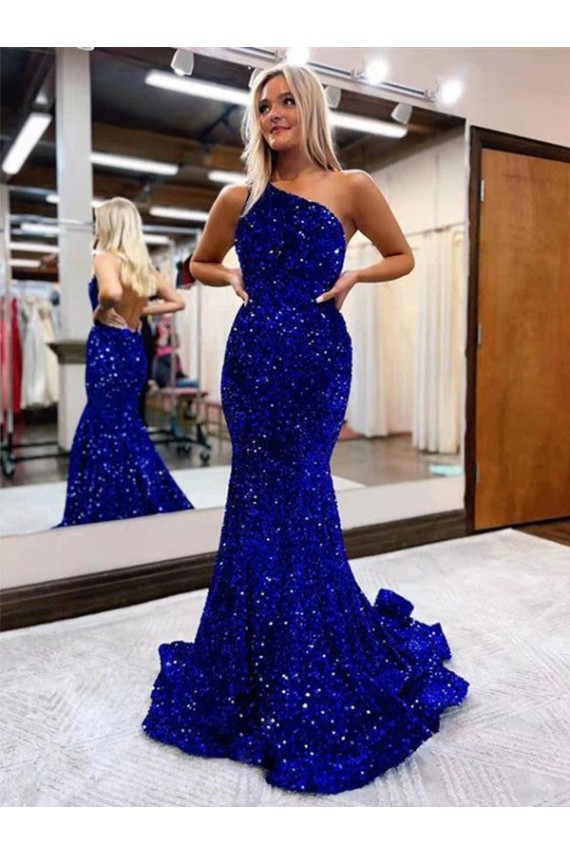 Azul Real Um Ombro Sem Mangas Sereia Vestido de Festa Online