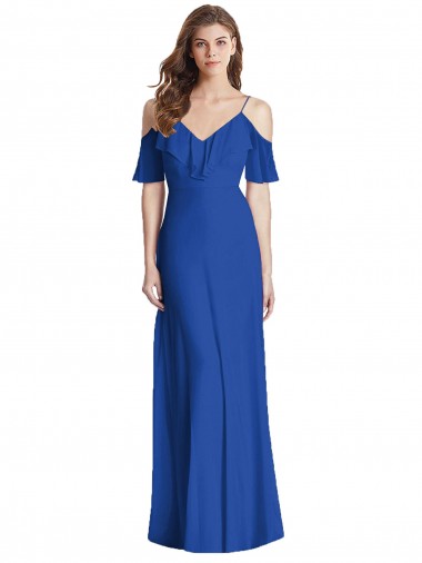Azul Real Decote V Ombro Frio Costas em V Trombeta Vestidos de Madrinha Online