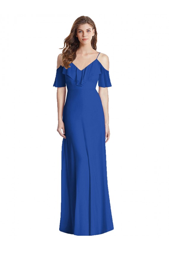 Azul Real Decote V Ombro Frio Costas em V Trombeta Vestidos de Madrinha Online