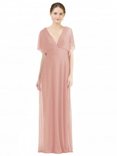 Bliss Decote V Mangas Curtas Costas em V Linha A Vestidos de Madrinha Online