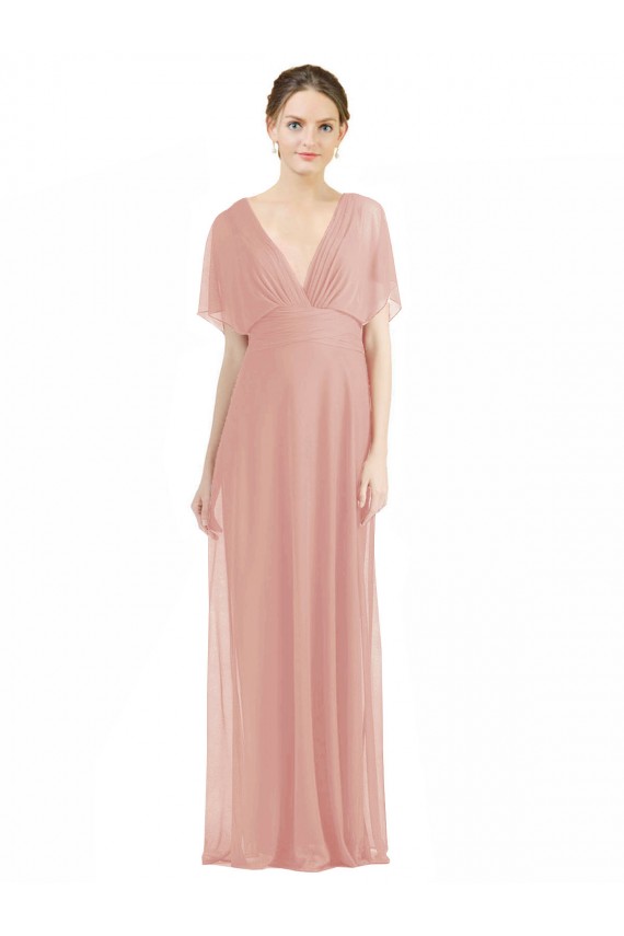 Bliss Decote V Mangas Curtas Costas em V Linha A Vestidos de Madrinha Online