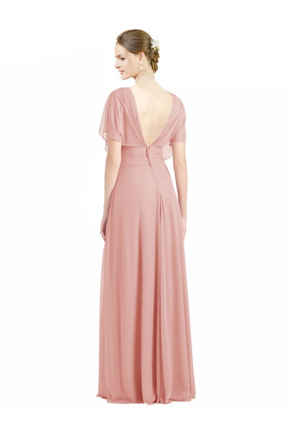 Bliss Decote V Mangas Curtas Costas em V Linha A Vestidos de Madrinha Online