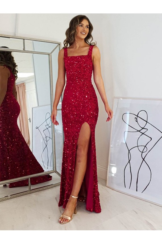 Borgonha Decote Quadrado Sem Mangas Bainha Vestidos de Festa Online