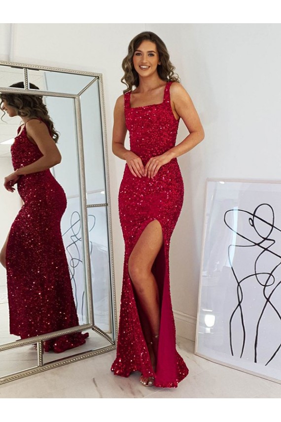 Borgonha Decote Quadrado Sem Mangas Bainha Vestidos de Festa Online