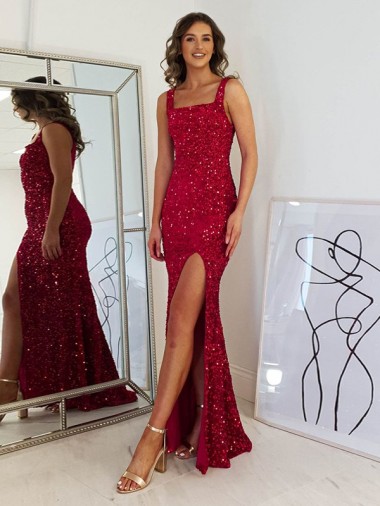 Borgonha Decote Quadrado Sem Mangas Bainha Vestidos de Festa Online