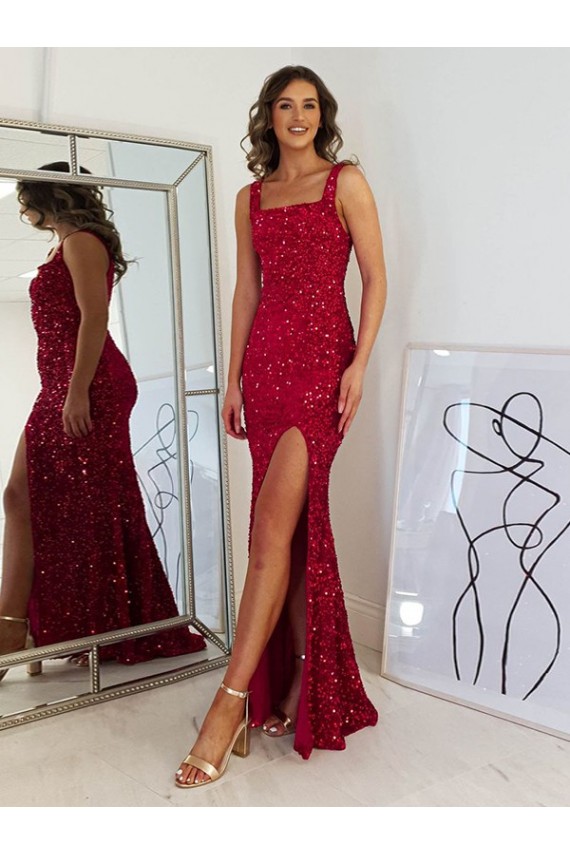 Borgonha Decote Quadrado Sem Mangas Bainha Vestidos de Festa Online