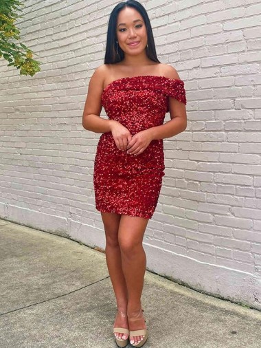 Borgonha Um Ombro Sem Mangas Bainha Vestidos de Festa Online