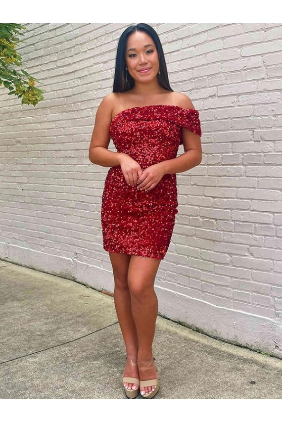 Borgonha Um Ombro Sem Mangas Bainha Vestidos de Festa Online