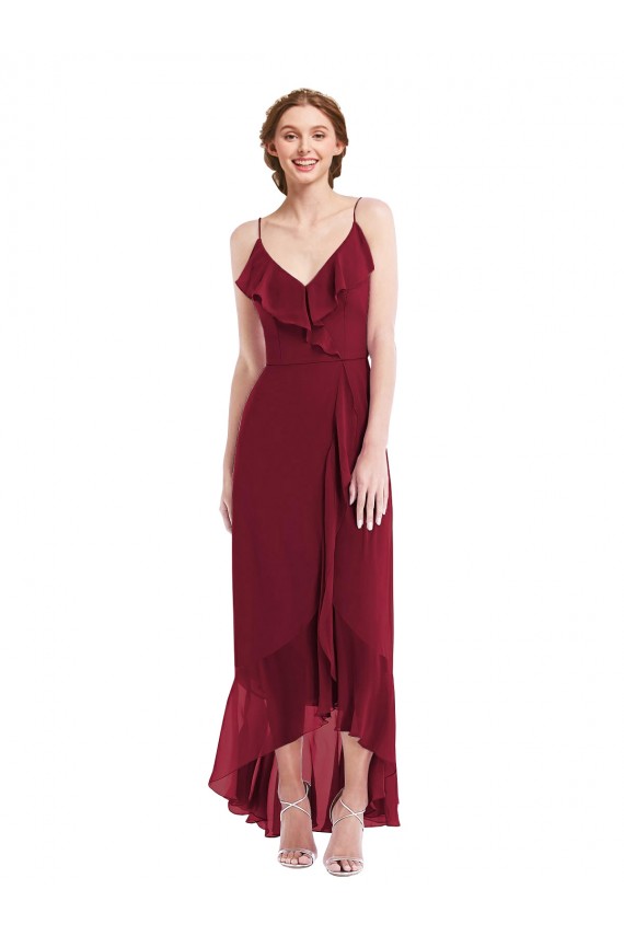 Borgonha Decote V Sem Mangas Lombar Linha A Alto Baixo, Vestidos de Madrinha Online