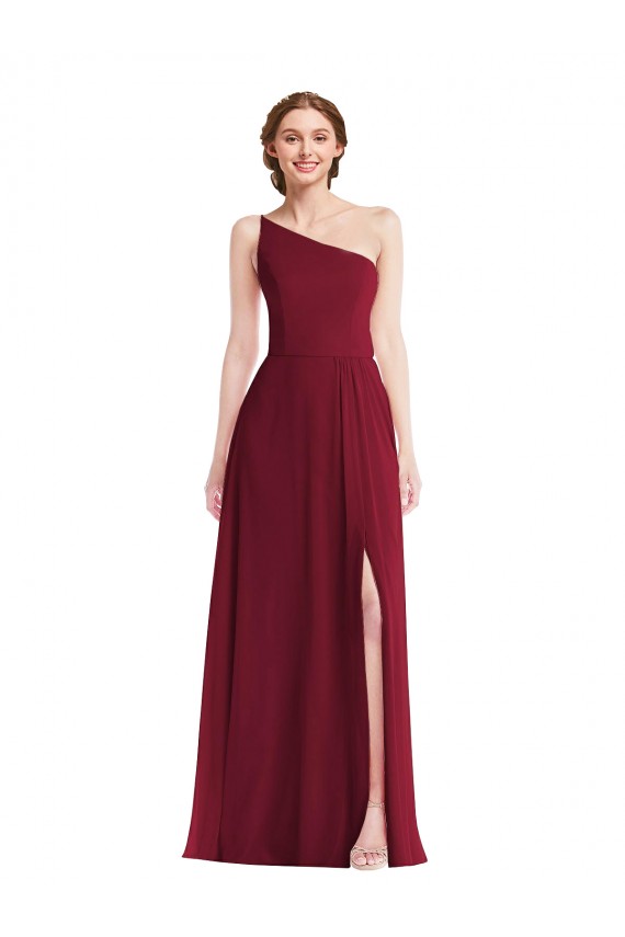 Borgonha Um Ombro Sem Mangas Linha A Vestido de Madrinha / Vestido Formais Online