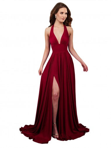Borgonha Decote V Sem Mangas Abrir de volta Linha A Longo Vestidos de Madrinha / Vestidos de Noite / Vestidos de Festa Online