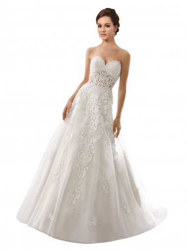Branco Amor Sem Mangas Linha A Tule & Renda Vestidos de Noiva Online